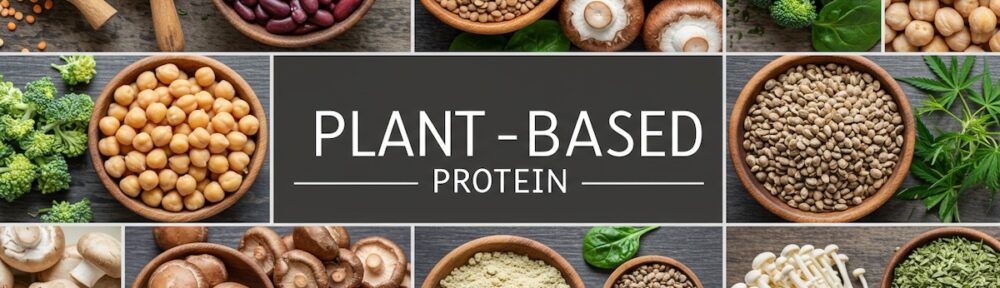 Grid display of alternative plant-based protein sources including lentils, kidney beans, chickpeas, mushrooms, broccoli, soybeans, pea protein powder, and enoki mushrooms arranged in wooden bowls on rustic wood background