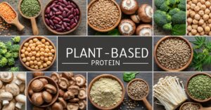 Grid display of alternative plant-based protein sources including lentils, kidney beans, chickpeas, mushrooms, broccoli, soybeans, pea protein powder, and enoki mushrooms arranged in wooden bowls on rustic wood background