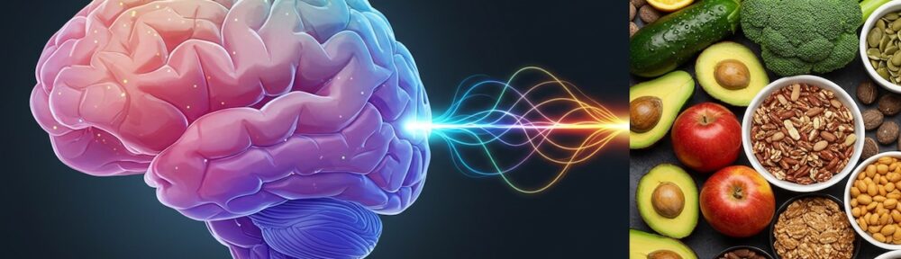 Brain illustration with colorful gradient connected to healthy foods including avocados, broccoli, berries, nuts, and whole grains representing the gut-brain connection in mental health nutrition
