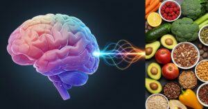Brain illustration with colorful gradient connected to healthy foods including avocados, broccoli, berries, nuts, and whole grains representing the gut-brain connection in mental health nutrition