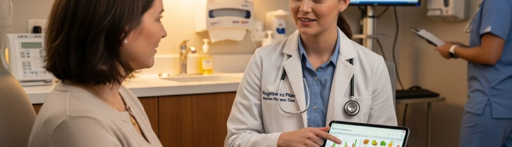 Registered dietitian student in white coat consulting with patient while reviewing nutrition plan on tablet in clinical healthcare setting