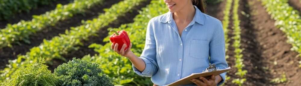 Registered dietitian nutritionist examining red bell pepper at regenerative agriculture farm with diverse organic vegetables and healthy soil rows