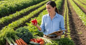 Registered dietitian nutritionist examining red bell pepper at regenerative agriculture farm with diverse organic vegetables and healthy soil rows