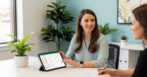 Registered dietitian nutritionist showing GLP-1 weight loss meal plan on tablet to patient during nutrition counseling session in modern healthcare office