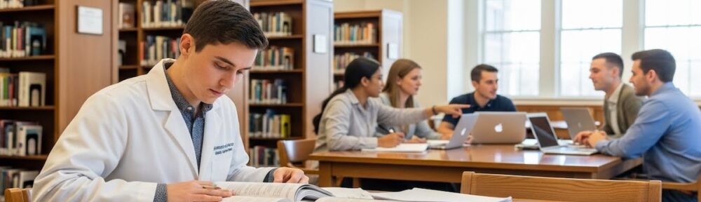 Graduate student in white lab coat studying nutrition textbooks in university library with diverse group of dietetics students collaborating in background