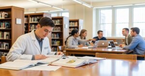 Graduate student in white lab coat studying nutrition textbooks in university library with diverse group of dietetics students collaborating in background
